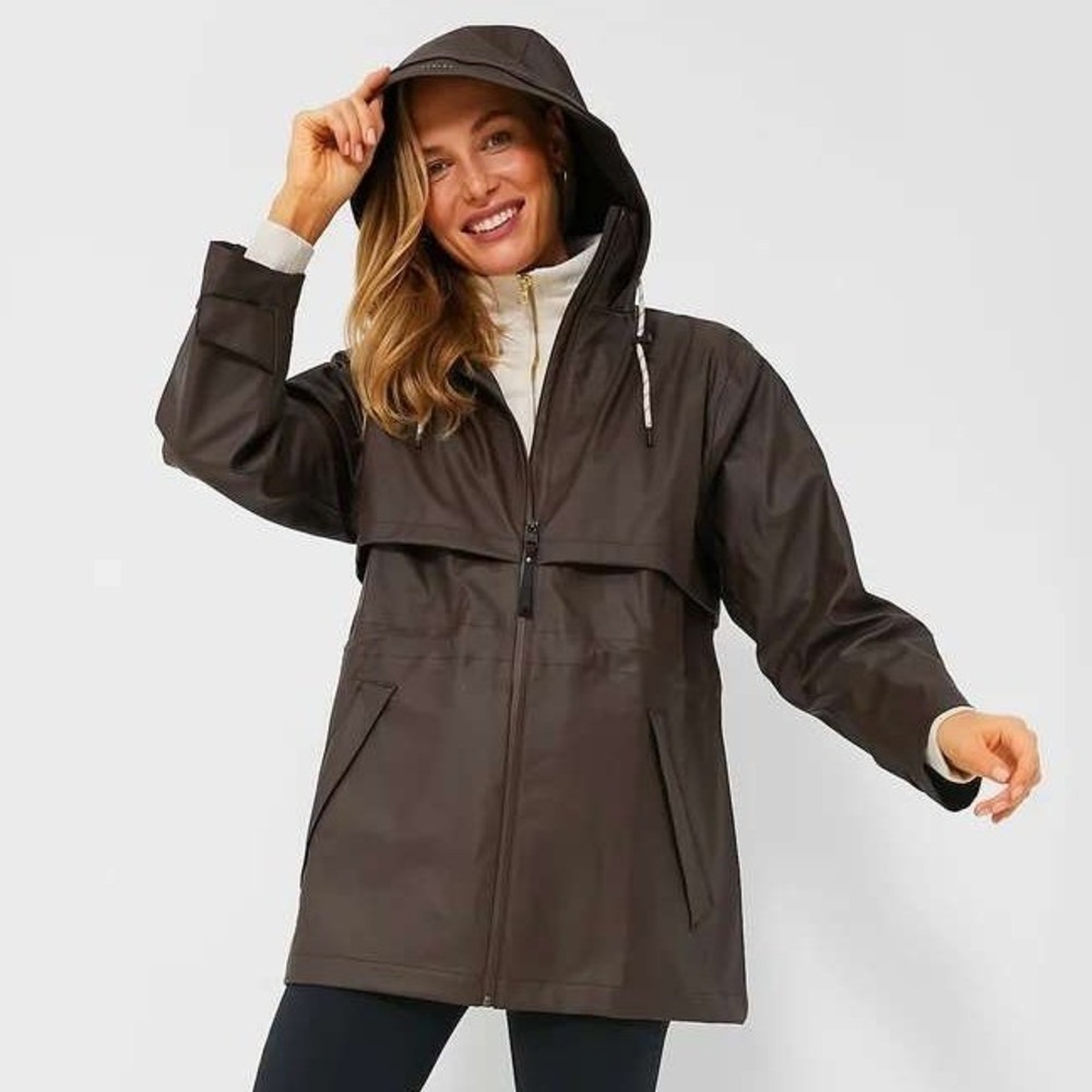 Varley Alyssa Rain Jacket Brown Matte PU Hooded Windbreaker Coat VAR01422 Large